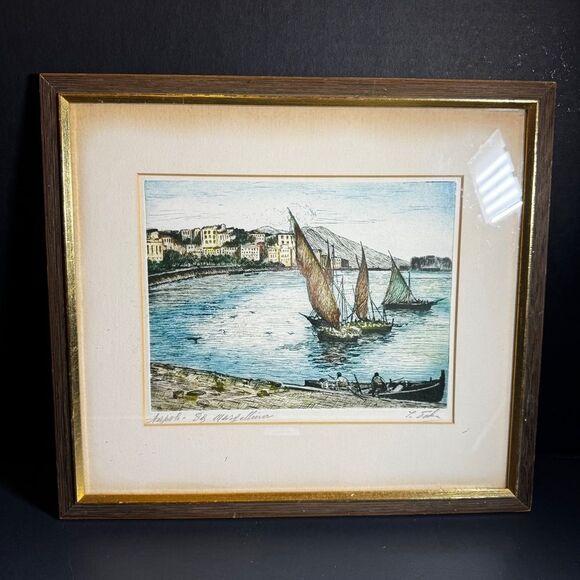 SIGNED Original Ink Pen with Water Color Fishing Boats [Art 065]